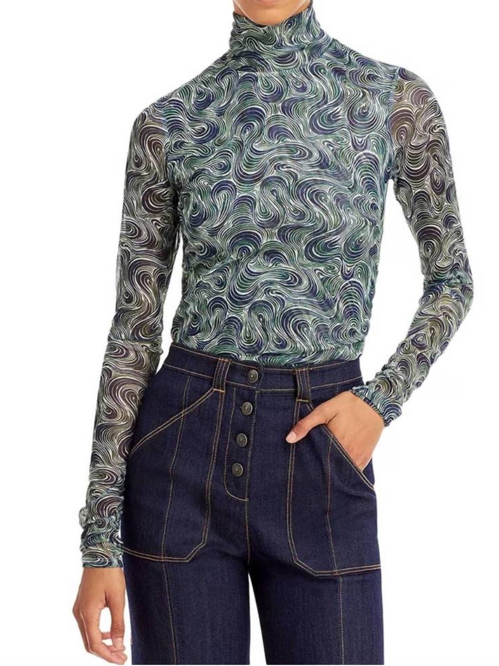 CINQ A SEPT Swirl Shirred Mesh Turtleneck Top  In Dark Emerald $195